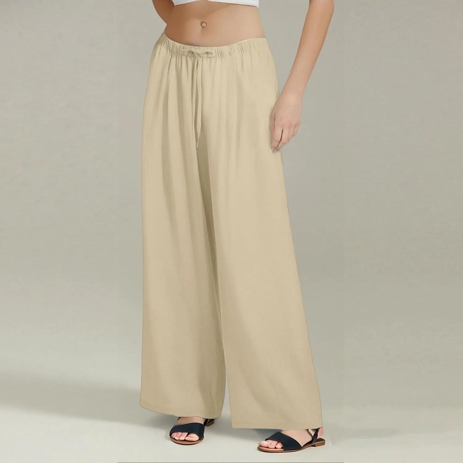 Women's Summer Elastic Waist Wide Leg Pants 2025 Solid Color Cotton Linen Lounge Flowy Long Trousers