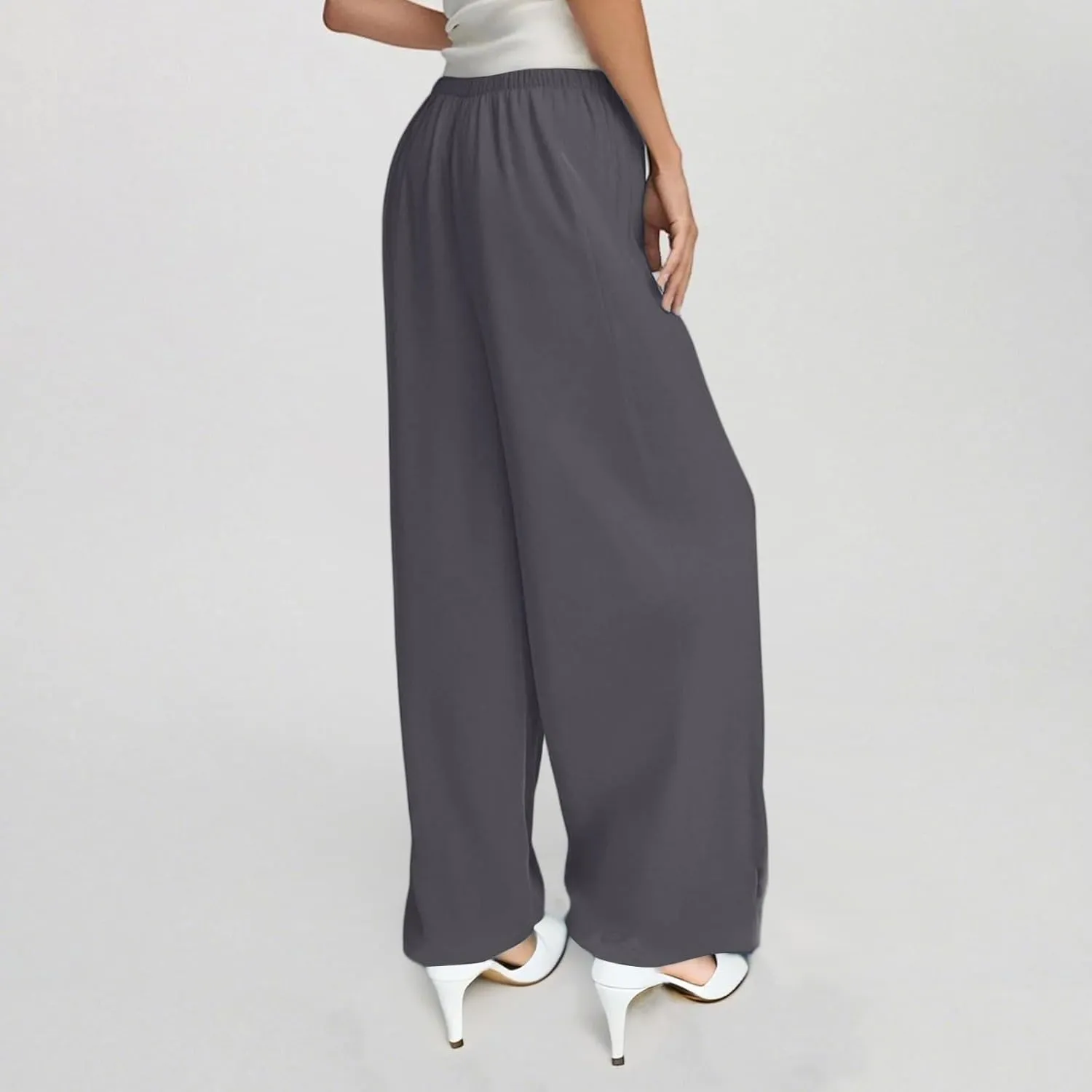 Women's Summer Elastic Waist Wide Leg Pants 2025 Solid Color Cotton Linen Lounge Flowy Long Trousers