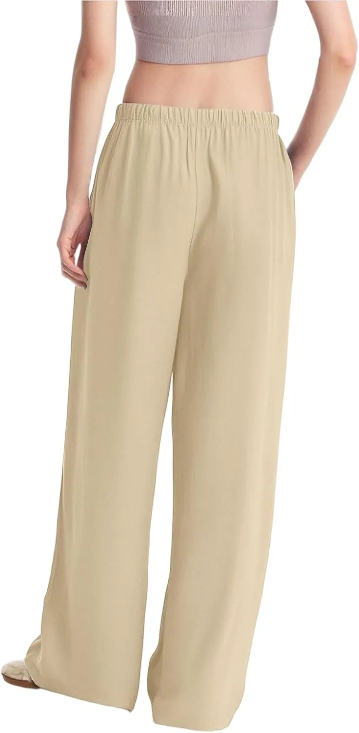Women's Summer Elastic Waist Wide Leg Pants 2025 Solid Color Cotton Linen Lounge Flowy Long Trousers