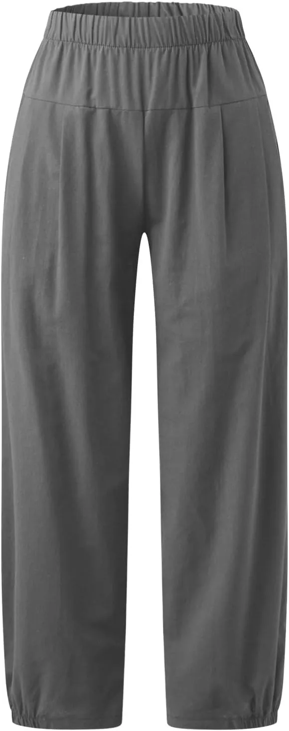 Womens Summer Harem Capri Pants Elastic Waist Casual Business Loose Work Slacks Lounge Cropped Trousers with Pockets