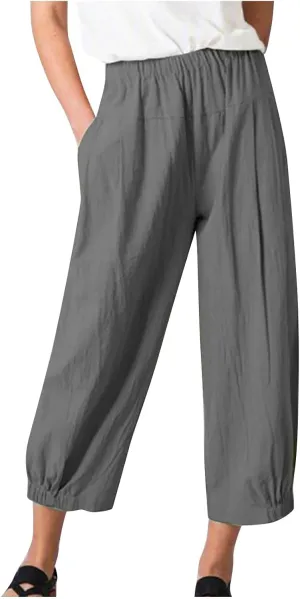 Womens Summer Harem Capri Pants Elastic Waist Casual Business Loose Work Slacks Lounge Cropped Trousers with Pockets