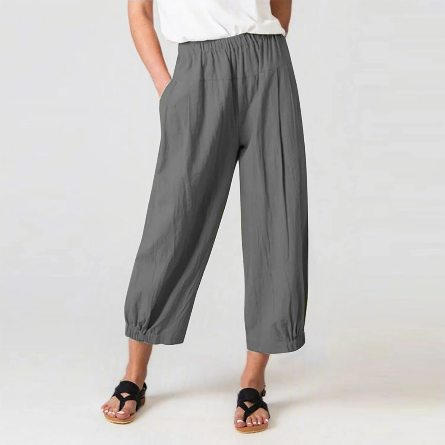 Womens Summer Harem Capri Pants Elastic Waist Casual Business Loose Work Slacks Lounge Cropped Trousers with Pockets