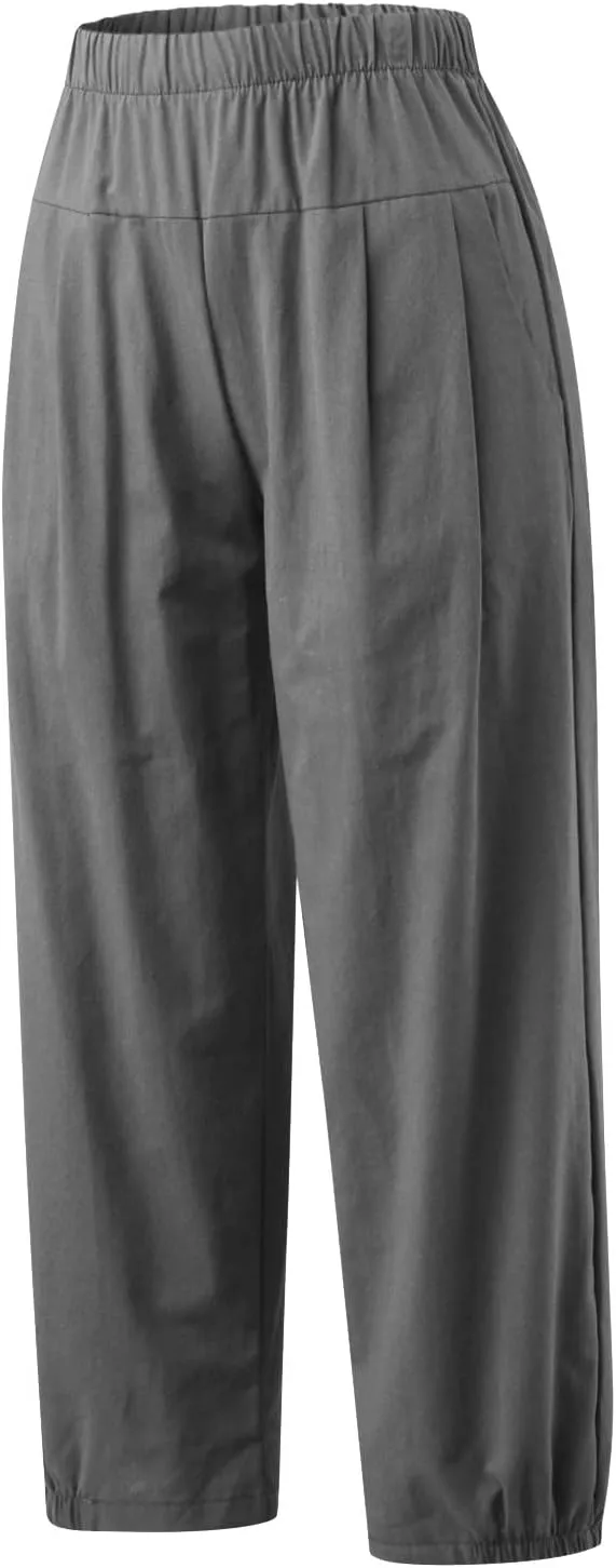 Womens Summer Harem Capri Pants Elastic Waist Casual Business Loose Work Slacks Lounge Cropped Trousers with Pockets