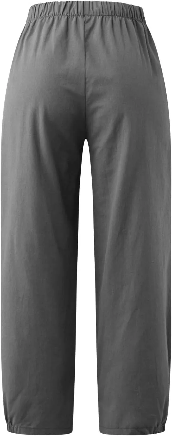 Womens Summer Harem Capri Pants Elastic Waist Casual Business Loose Work Slacks Lounge Cropped Trousers with Pockets