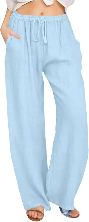 Women's Summer Linen Pants Casual Beach Drawstring Waist Wide Leg Trouser with Pocket Loose Cotton Linen Palazzo Pant