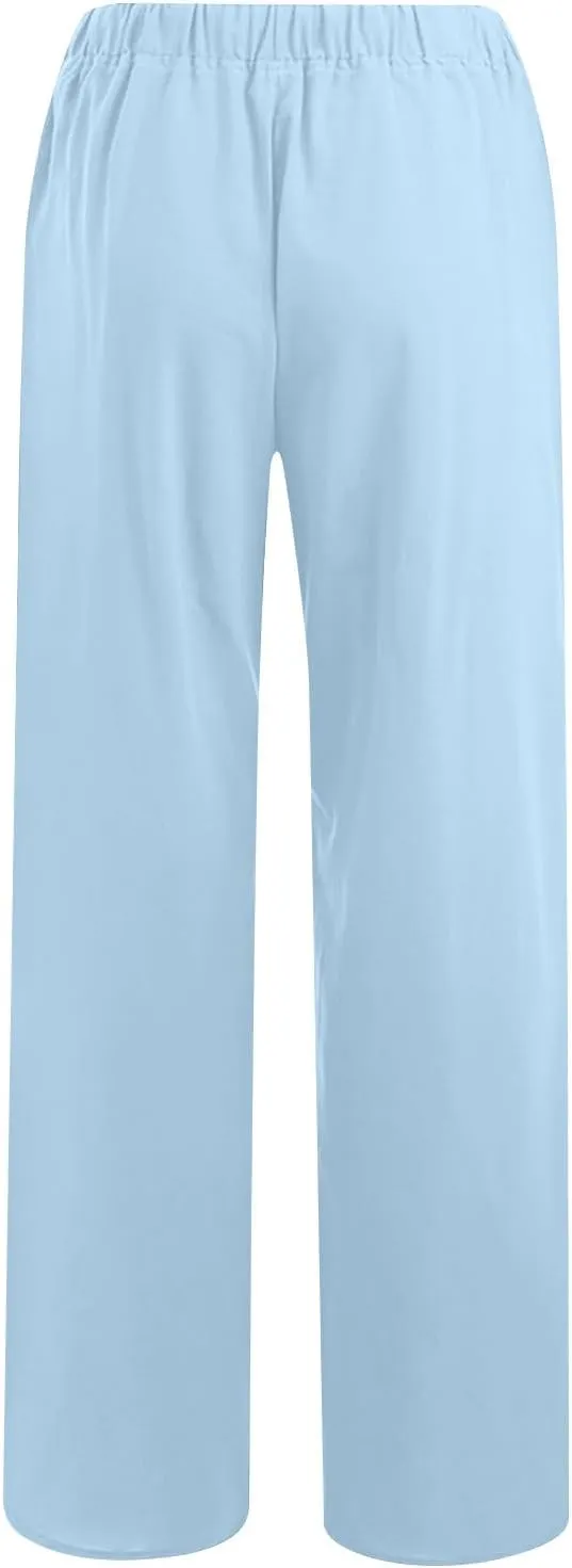 Women's Summer Linen Pants Casual Beach Drawstring Waist Wide Leg Trouser with Pocket Loose Cotton Linen Palazzo Pant