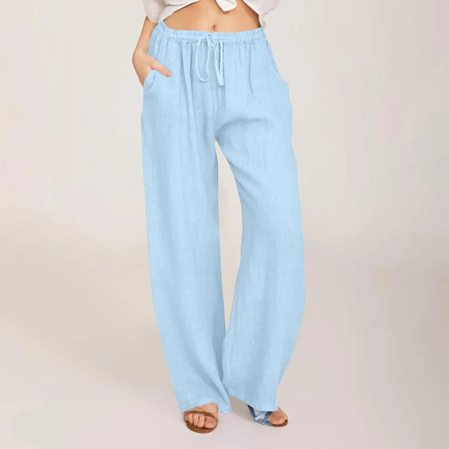 Women's Summer Linen Pants Casual Beach Drawstring Waist Wide Leg Trouser with Pocket Loose Cotton Linen Palazzo Pant