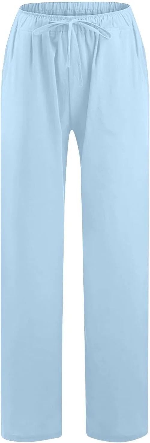 Women's Summer Linen Pants Casual Beach Drawstring Waist Wide Leg Trouser with Pocket Loose Cotton Linen Palazzo Pant