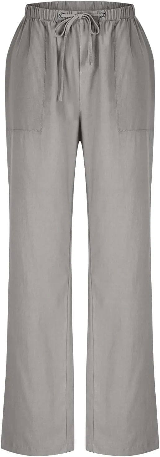Women's Summer Loose Cotton Linen Palazzo Pants Drawstring Waist Wide Leg Pants with Pockets Long Lounge Trousers