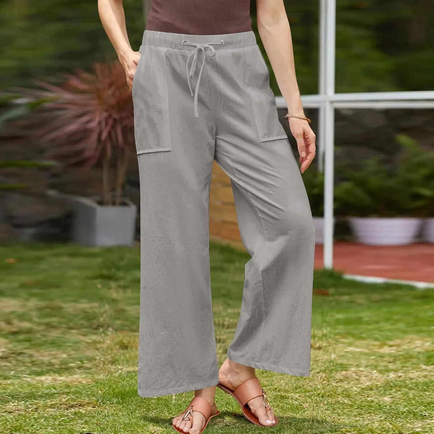 Women's Summer Loose Cotton Linen Palazzo Pants Drawstring Waist Wide Leg Pants with Pockets Long Lounge Trousers