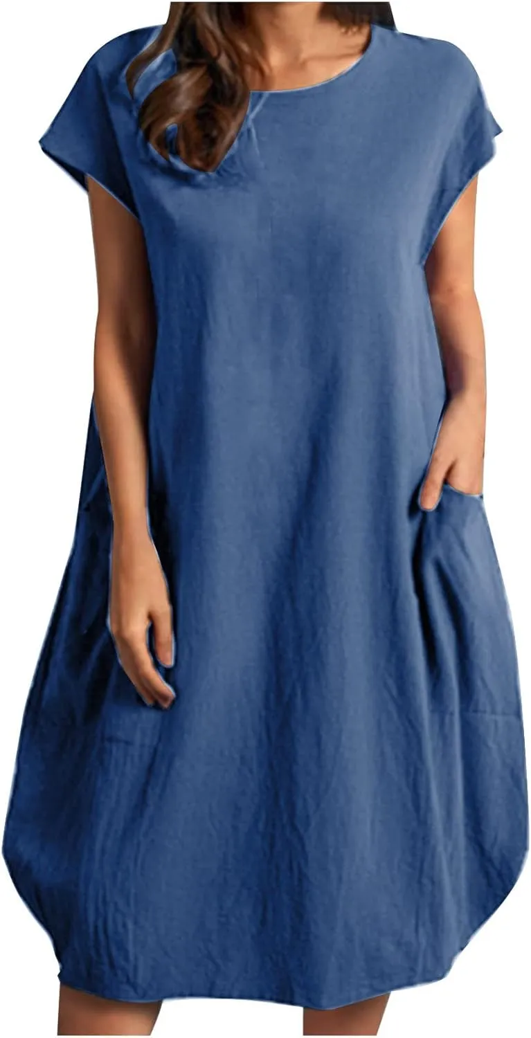 Women's Summer Midi Dress Casual Plain Simple T-Shirt Loose Dress Crewneck Short Sleeve T Shirt Sundress with Pockets