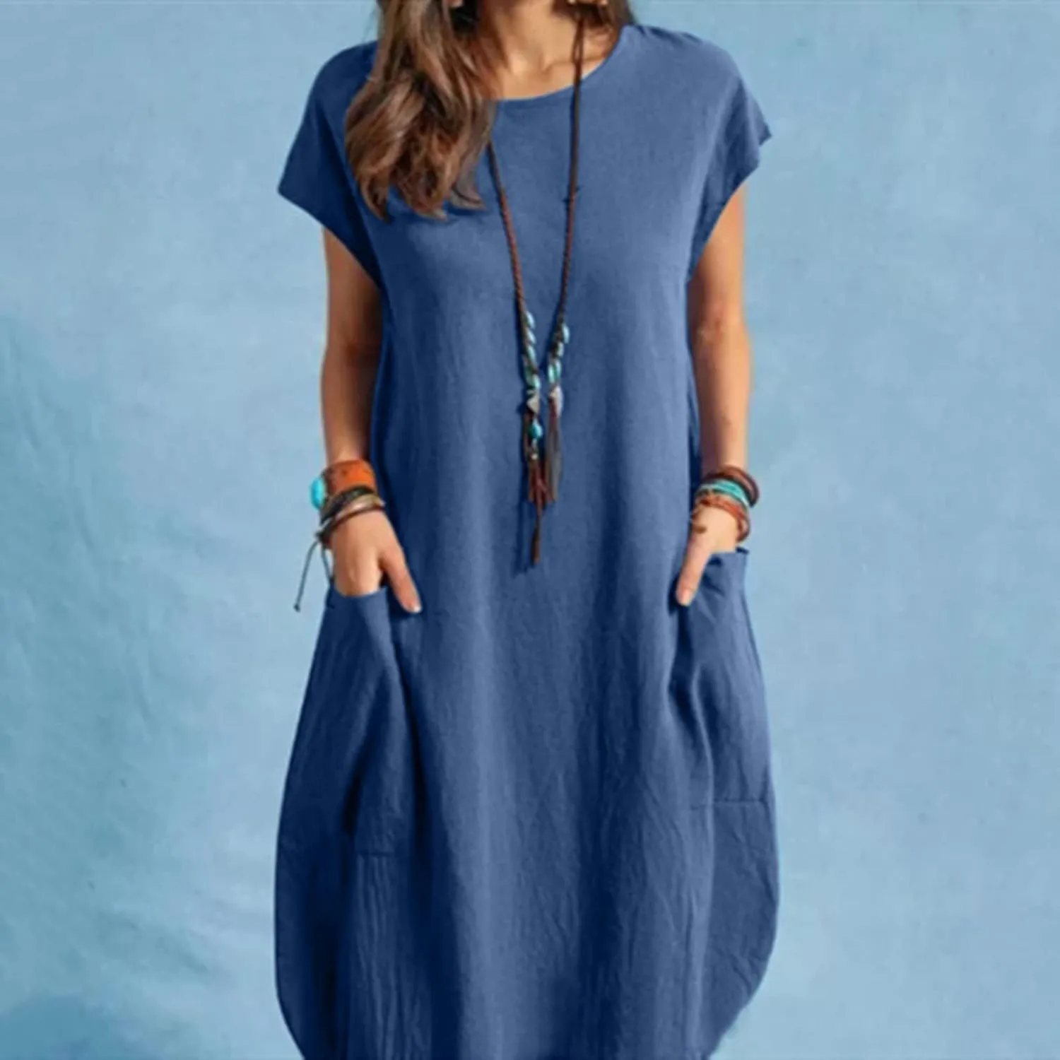 Women's Summer Midi Dress Casual Plain Simple T-Shirt Loose Dress Crewneck Short Sleeve T Shirt Sundress with Pockets