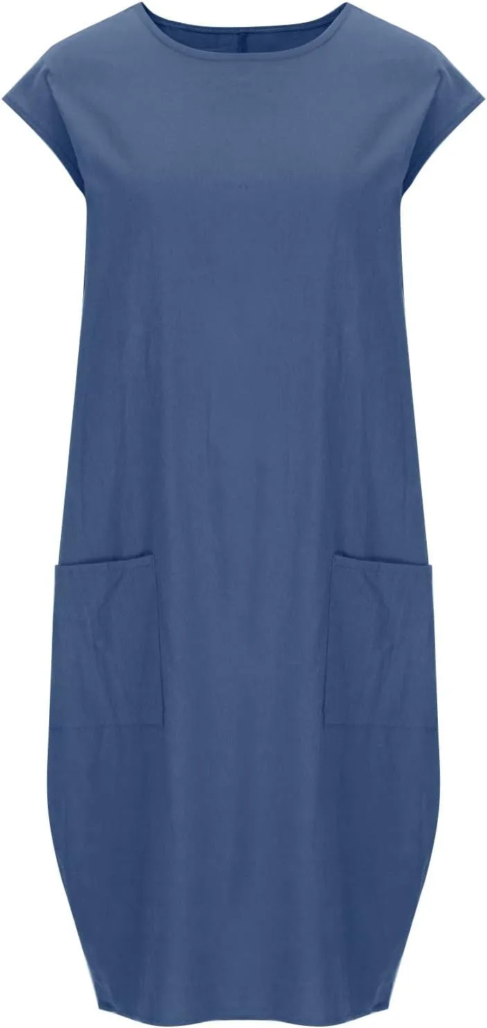Women's Summer Midi Dress Casual Plain Simple T-Shirt Loose Dress Crewneck Short Sleeve T Shirt Sundress with Pockets