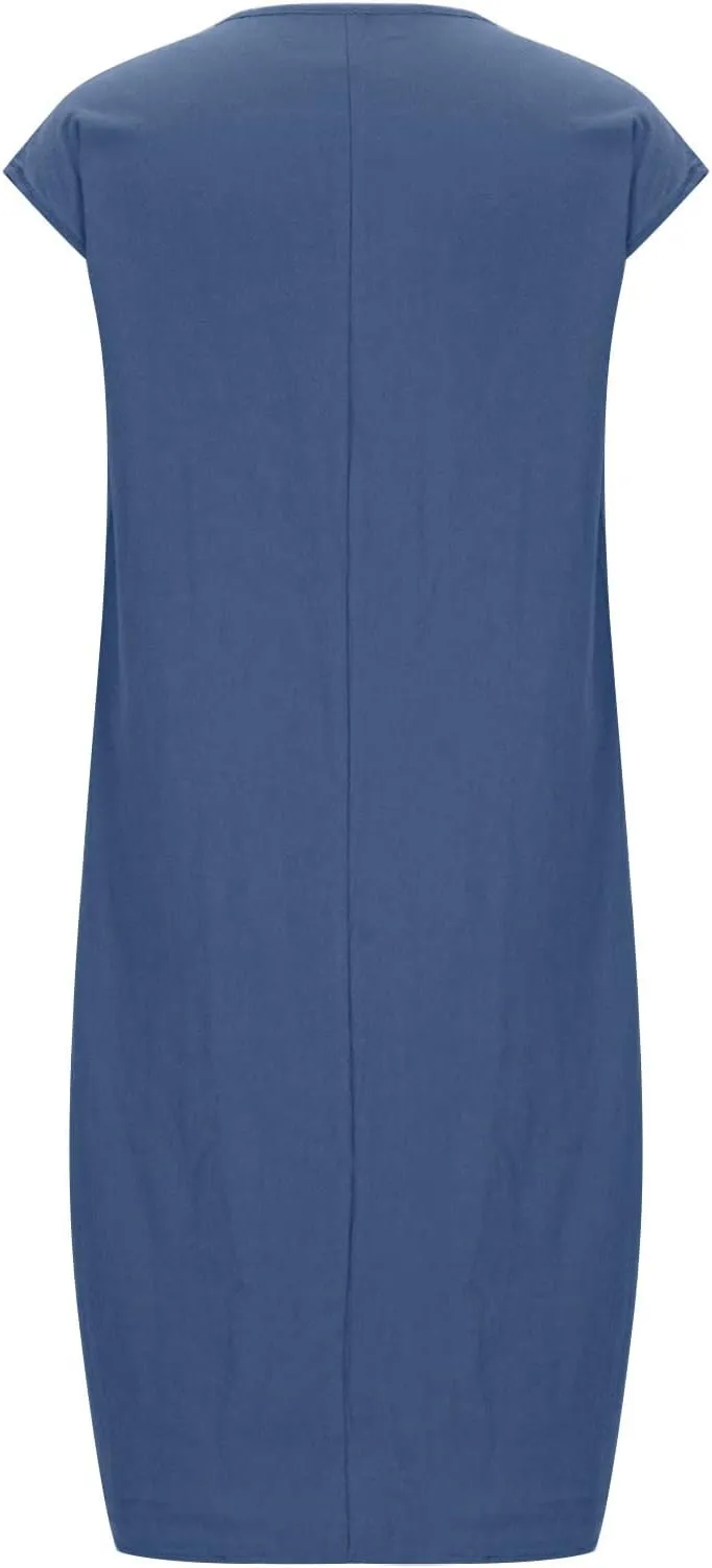 Women's Summer Midi Dress Casual Plain Simple T-Shirt Loose Dress Crewneck Short Sleeve T Shirt Sundress with Pockets