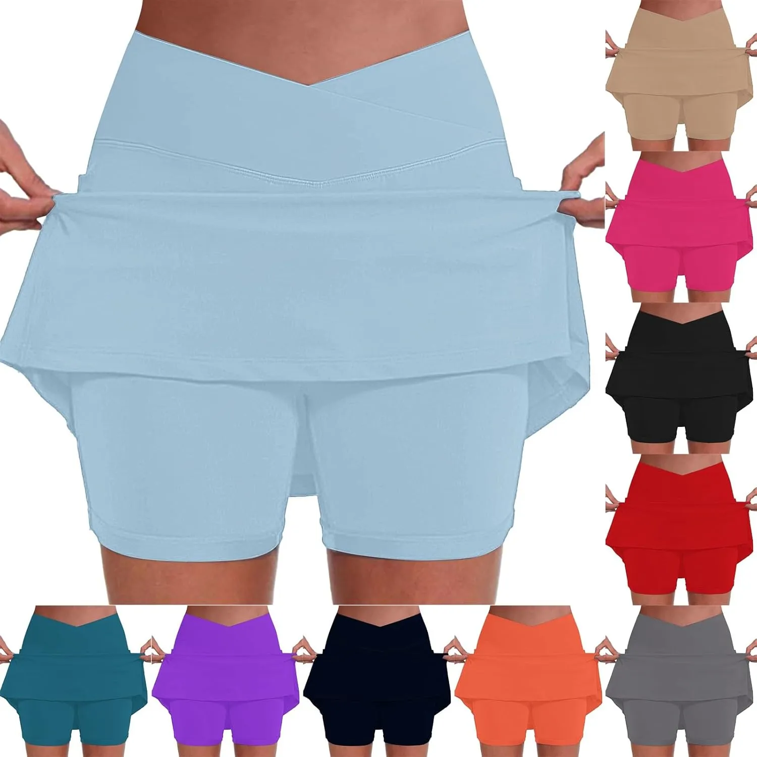 Womens Tennis Skirt with Pockets Shorts Crossover High Waisted Athletic Skorts Running Workout Golf Skirts 2 in 1