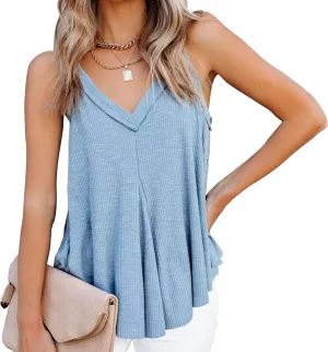 Women's V-Neck Sleeveless Irregular Pleats A-Line Camisole Shirt Tank Tops Casual Loose Flowy Pleated Shirt Blouses