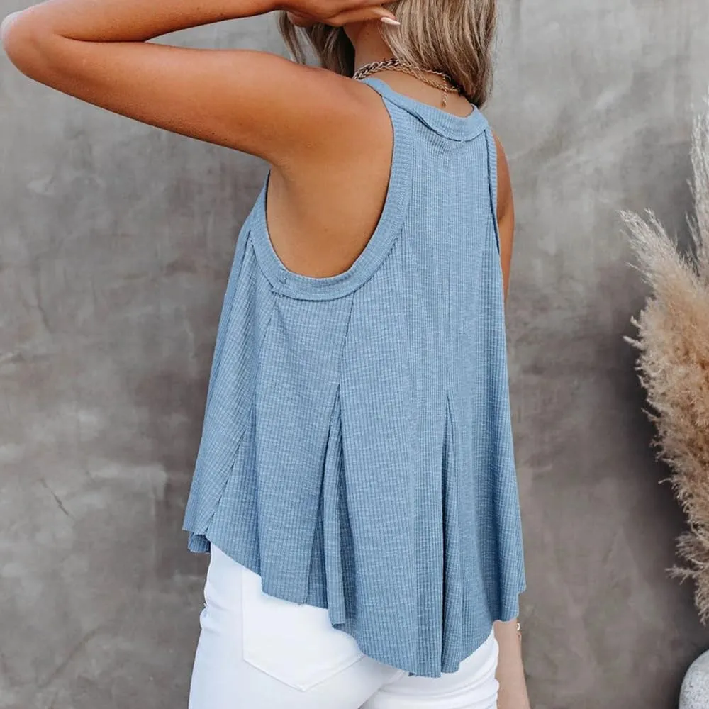 Women's V-Neck Sleeveless Irregular Pleats A-Line Camisole Shirt Tank Tops Casual Loose Flowy Pleated Shirt Blouses