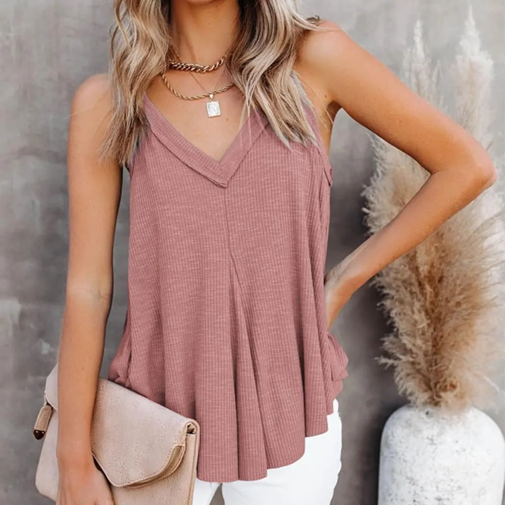 Women's V-Neck Sleeveless Irregular Pleats A-Line Camisole Shirt Tank Tops Casual Loose Flowy Pleated Shirt Blouses