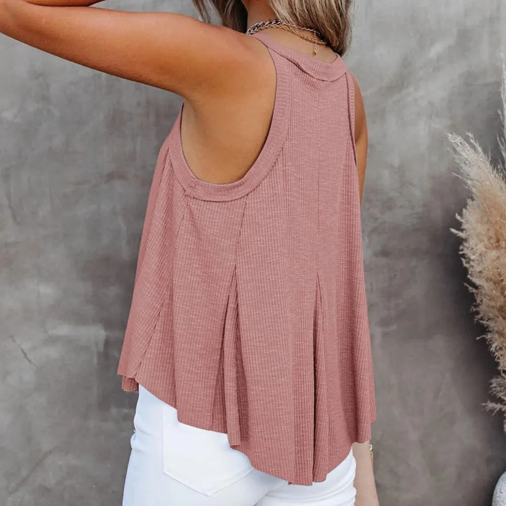 Women's V-Neck Sleeveless Irregular Pleats A-Line Camisole Shirt Tank Tops Casual Loose Flowy Pleated Shirt Blouses