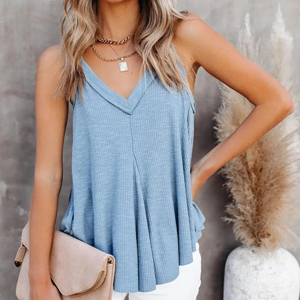 Women's V-Neck Sleeveless Irregular Pleats A-Line Camisole Shirt Tank Tops Casual Loose Flowy Pleated Shirt Blouses