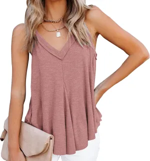 Women's V-Neck Sleeveless Irregular Pleats A-Line Camisole Shirt Tank Tops Casual Loose Flowy Pleated Shirt Blouses