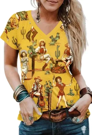 Women's Western Shirt Casual Cactus V-Neck T-Shirt Cowgirl Western Pattern Short Sleeve Loose Ladies Western Tops