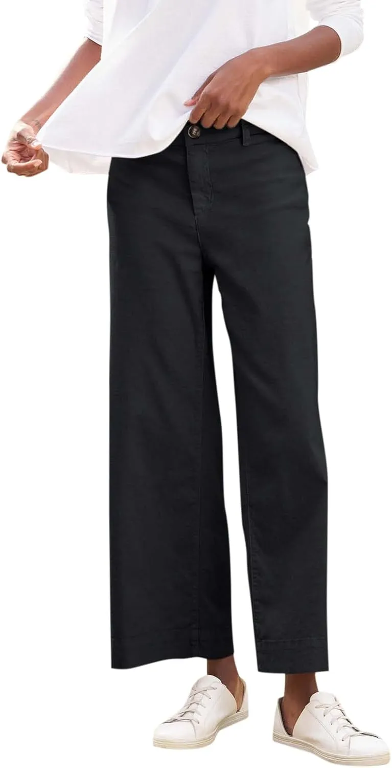Womens Wide Leg Linen Pants Elastic High Waisted Cropped Pants Summer Business Casual Work Trousers with Pockets
