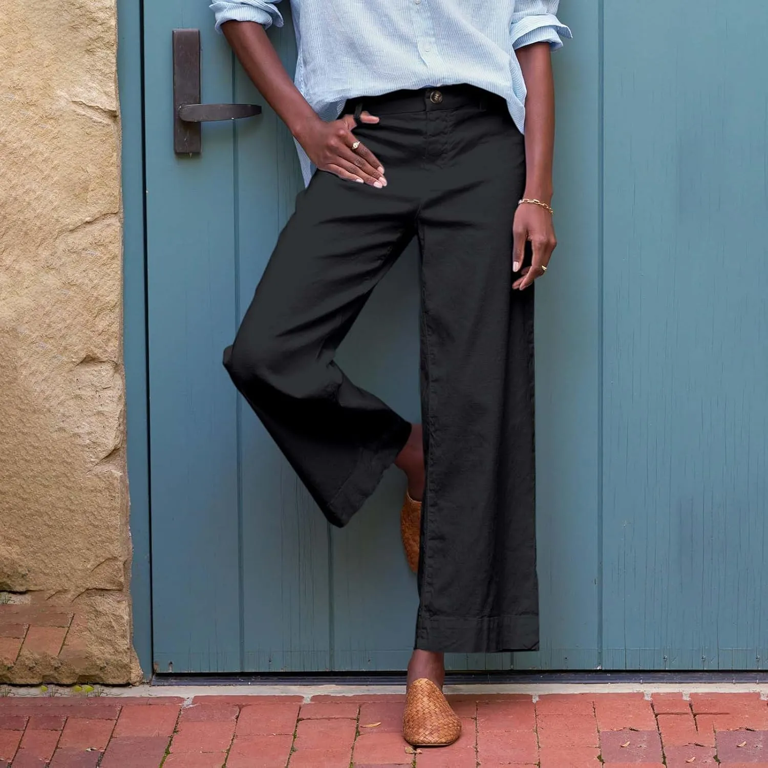 Womens Wide Leg Linen Pants Elastic High Waisted Cropped Pants Summer Business Casual Work Trousers with Pockets