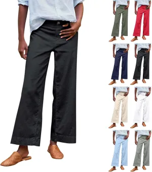 Womens Wide Leg Linen Pants Elastic High Waisted Cropped Pants Summer Business Casual Work Trousers with Pockets