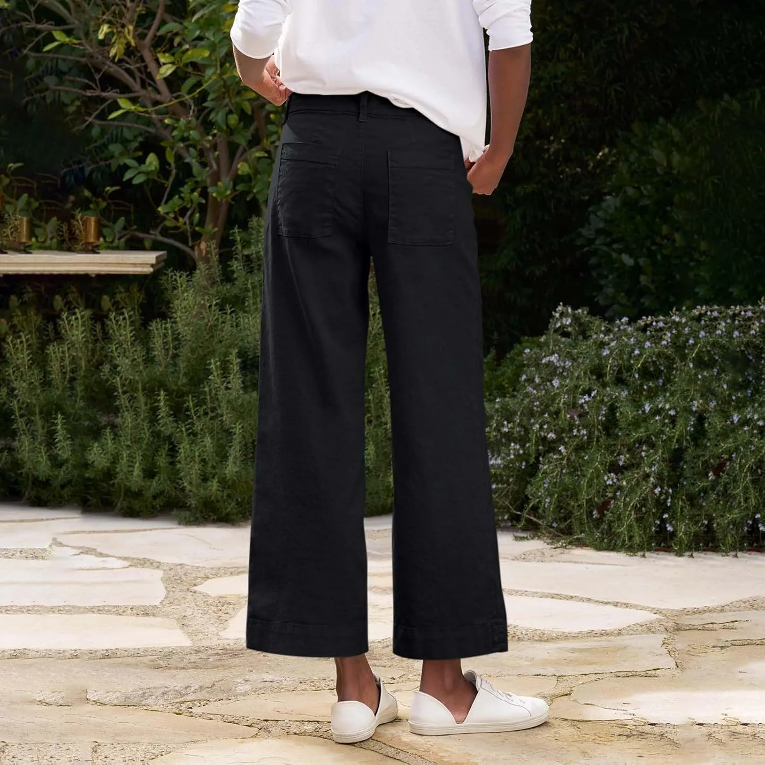 Womens Wide Leg Linen Pants Elastic High Waisted Cropped Pants Summer Business Casual Work Trousers with Pockets