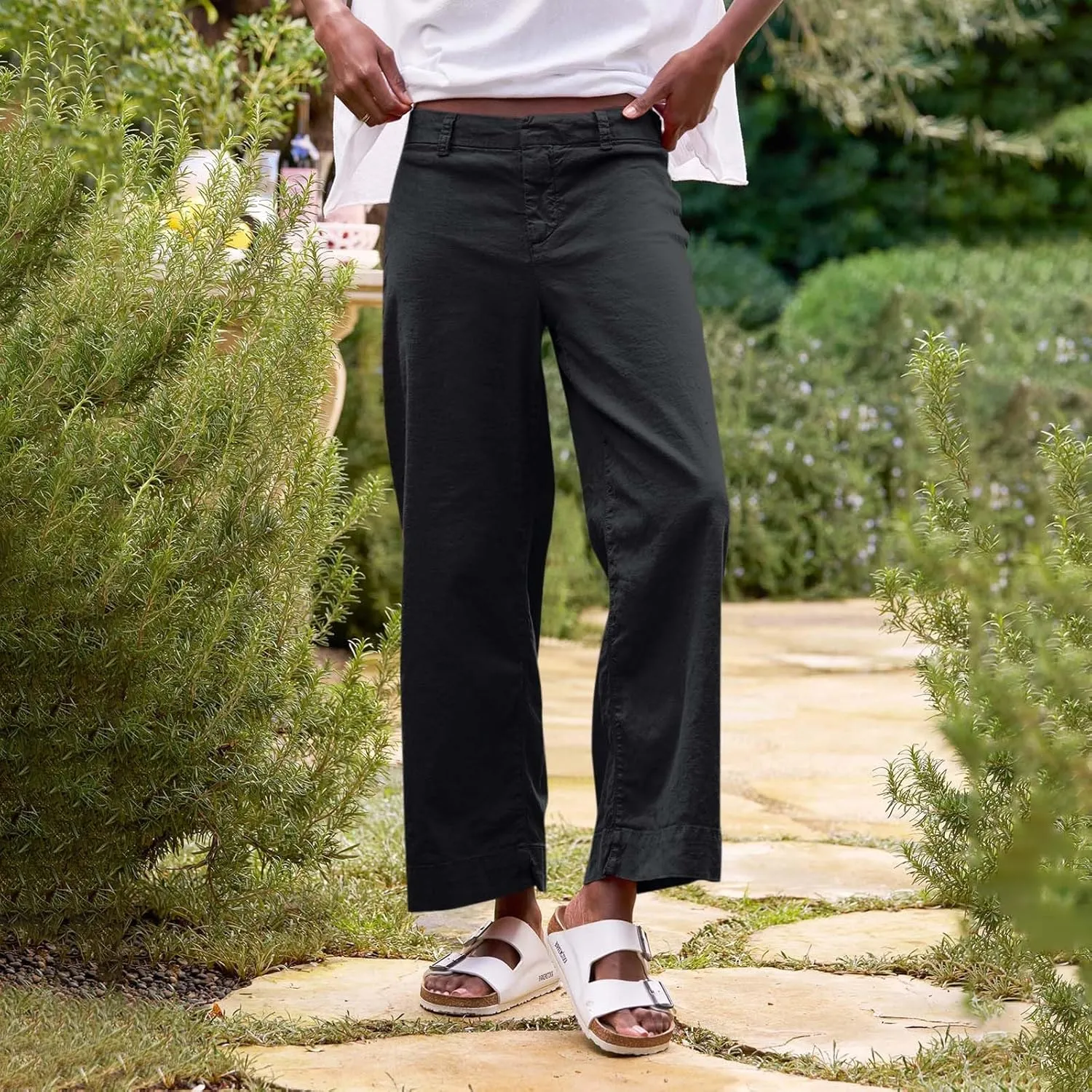 Womens Wide Leg Linen Pants Elastic High Waisted Cropped Pants Summer Business Casual Work Trousers with Pockets