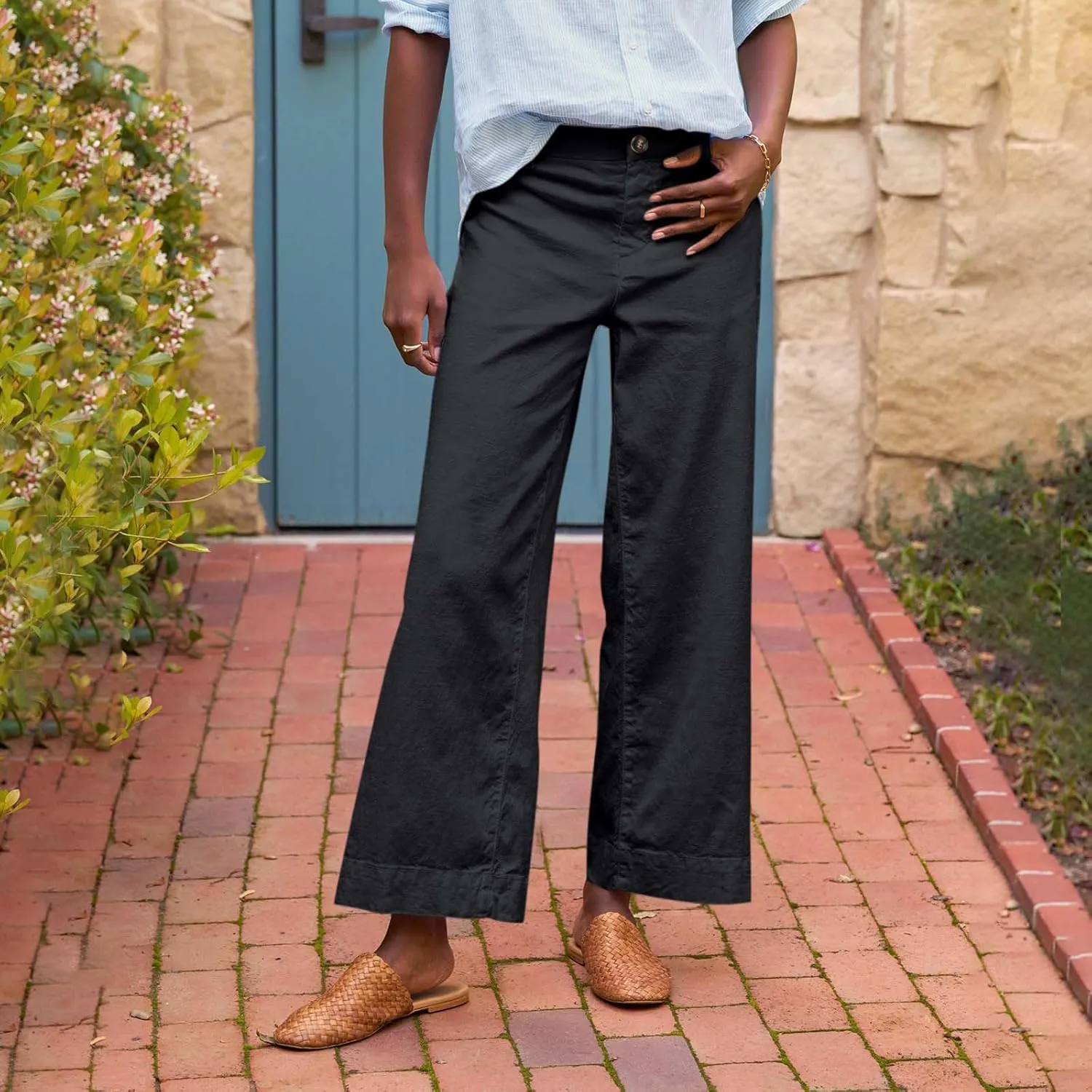 Womens Wide Leg Linen Pants Elastic High Waisted Cropped Pants Summer Business Casual Work Trousers with Pockets