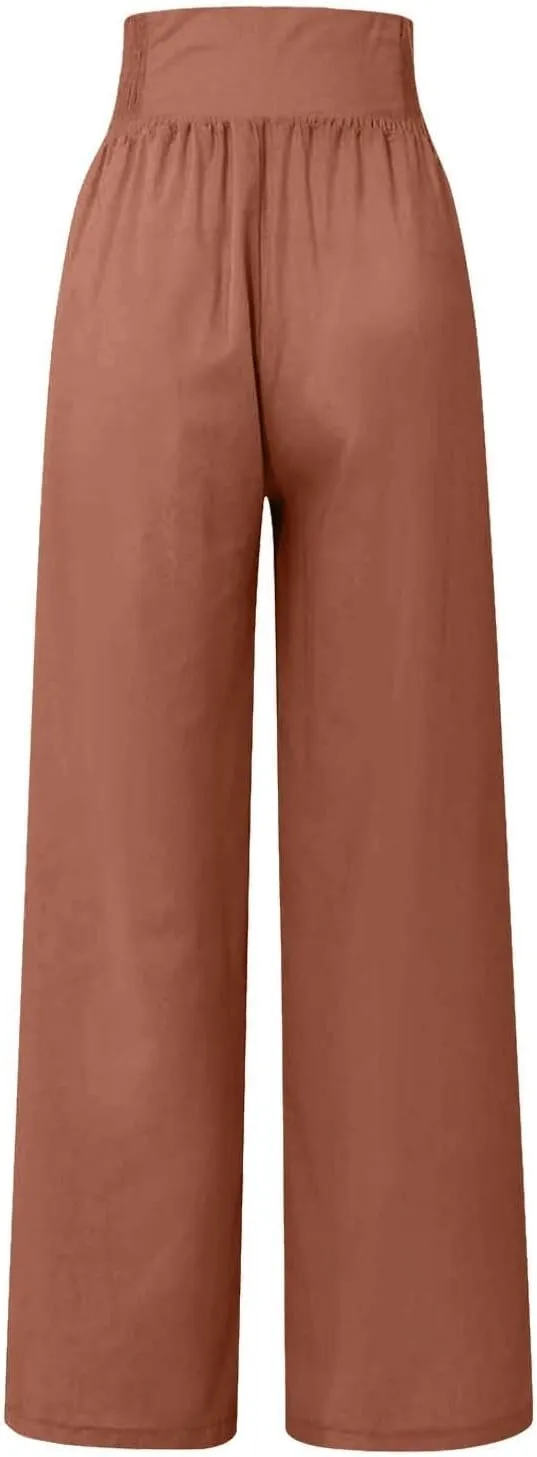 Womens Wide Leg Pants Boho Smocked High Elastic Waist in The Back Palazzo Trousers with Pockets Lounge Vacation Pants