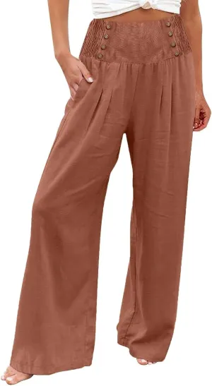 Womens Wide Leg Pants Boho Smocked High Elastic Waist in The Back Palazzo Trousers with Pockets Lounge Vacation Pants
