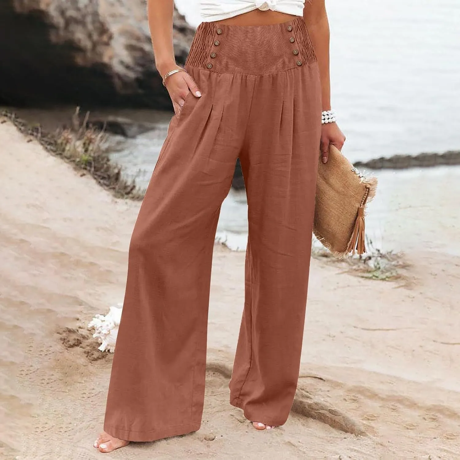 Womens Wide Leg Pants Boho Smocked High Elastic Waist in The Back Palazzo Trousers with Pockets Lounge Vacation Pants