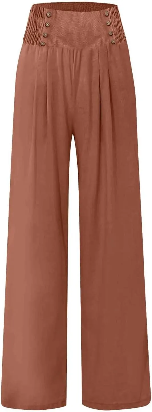 Womens Wide Leg Pants Boho Smocked High Elastic Waist in The Back Palazzo Trousers with Pockets Lounge Vacation Pants