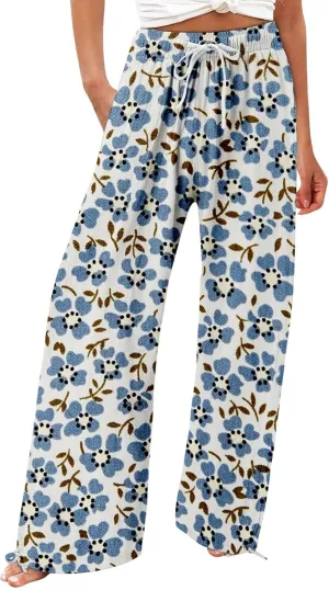 Women's Wide Leg Pants Womens Cotton Casual Loose Pants Comfy Work Pants with Pockets Elastic High Waist Paper Bag