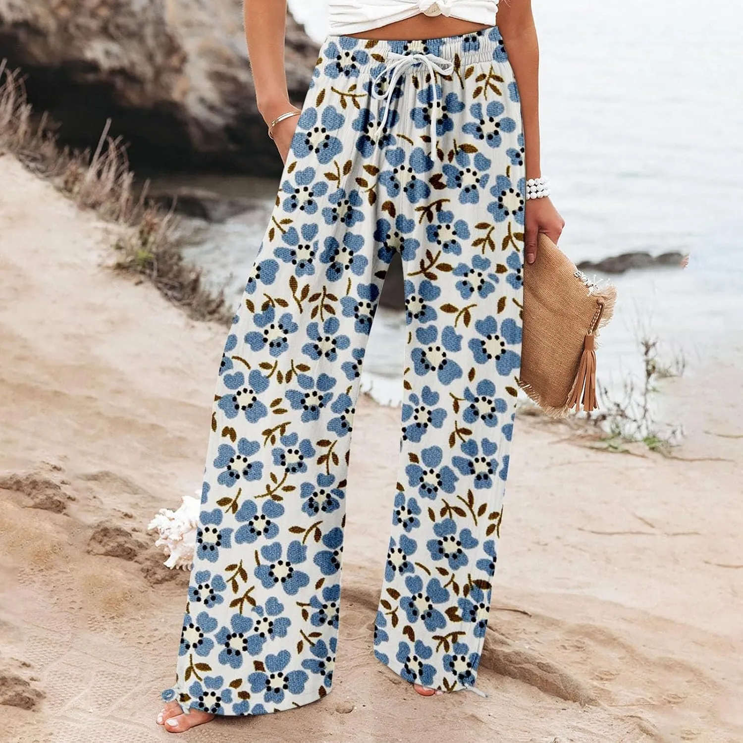Women's Wide Leg Pants Womens Cotton Casual Loose Pants Comfy Work Pants with Pockets Elastic High Waist Paper Bag