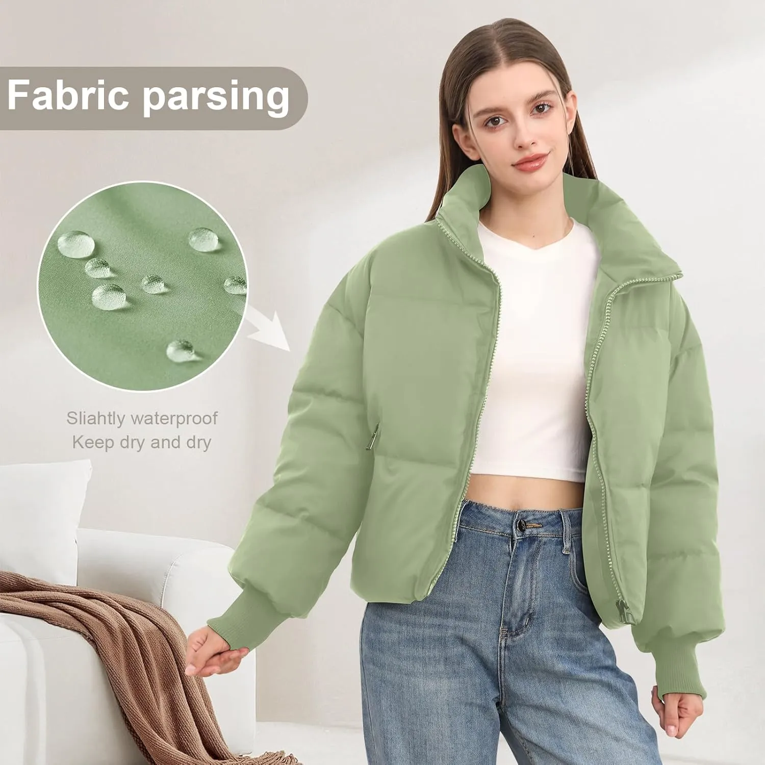 Womens Winter Cropped Puffer Jacket Coat Casual Quilted Baggy Long Sleeve Zip Down Jackets Outerwear