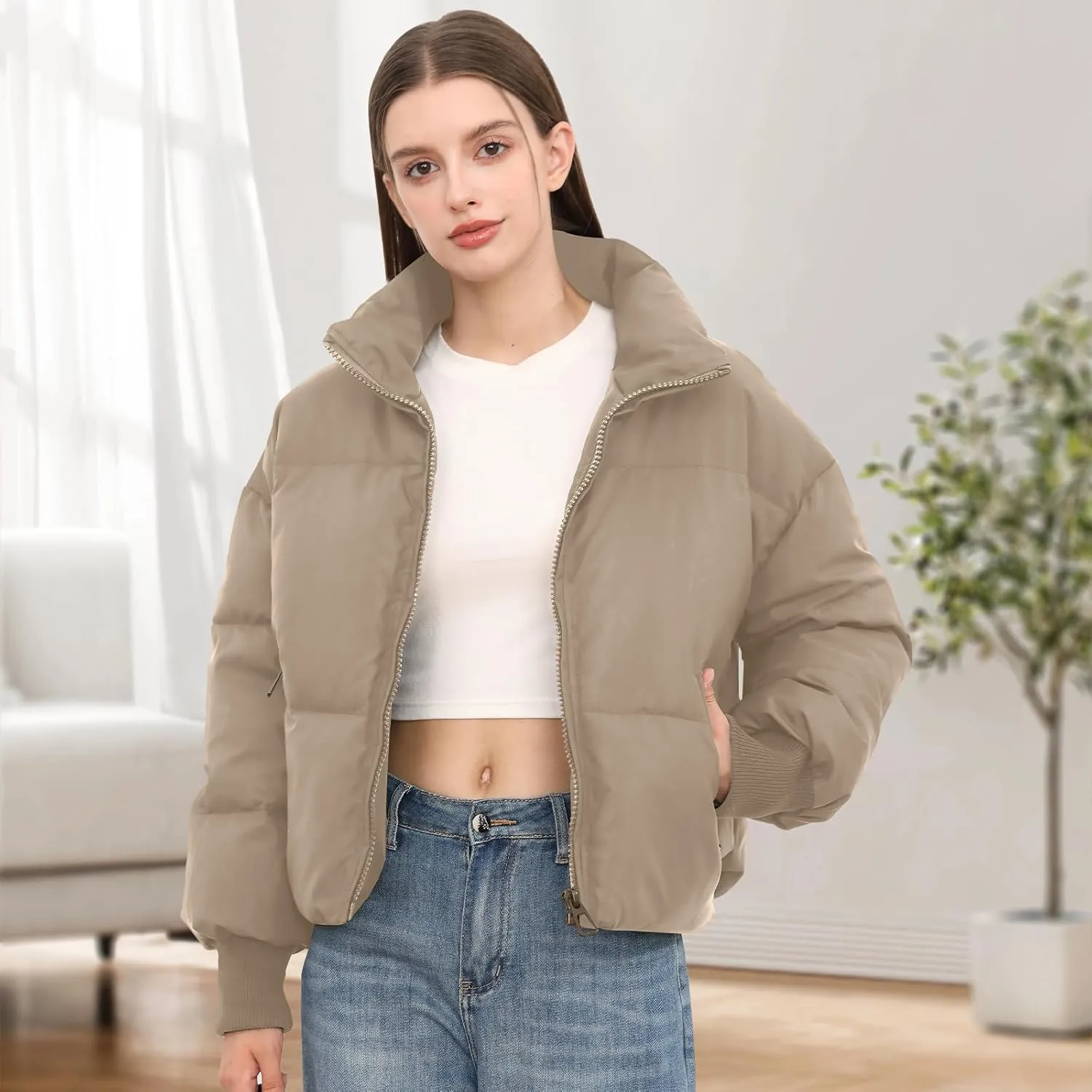 Womens Winter Cropped Puffer Jacket Coat Casual Quilted Baggy Long Sleeve Zip Down Jackets Outerwear