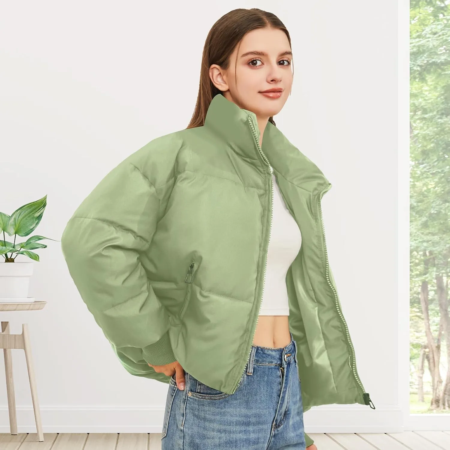 Womens Winter Cropped Puffer Jacket Coat Casual Quilted Baggy Long Sleeve Zip Down Jackets Outerwear