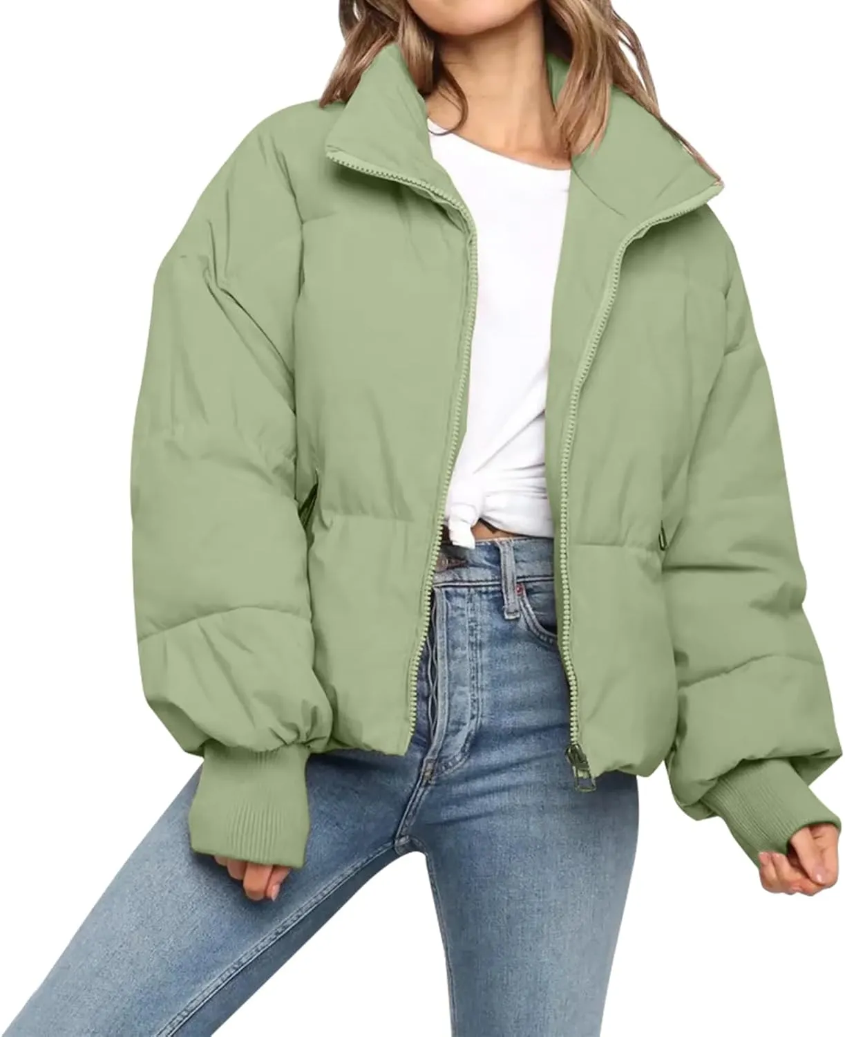 Womens Winter Cropped Puffer Jacket Coat Casual Quilted Baggy Long Sleeve Zip Down Jackets Outerwear