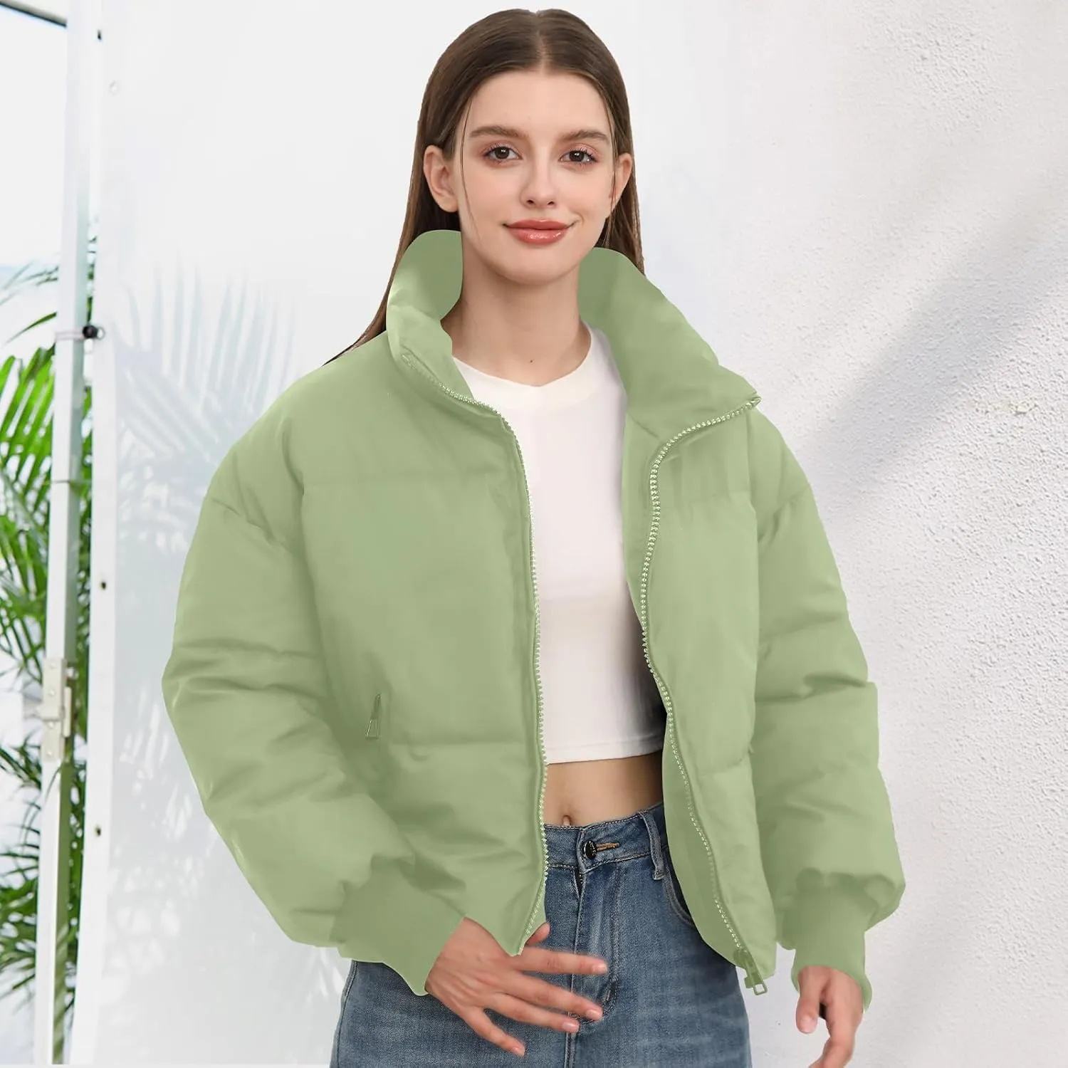 Womens Winter Cropped Puffer Jacket Coat Casual Quilted Baggy Long Sleeve Zip Down Jackets Outerwear