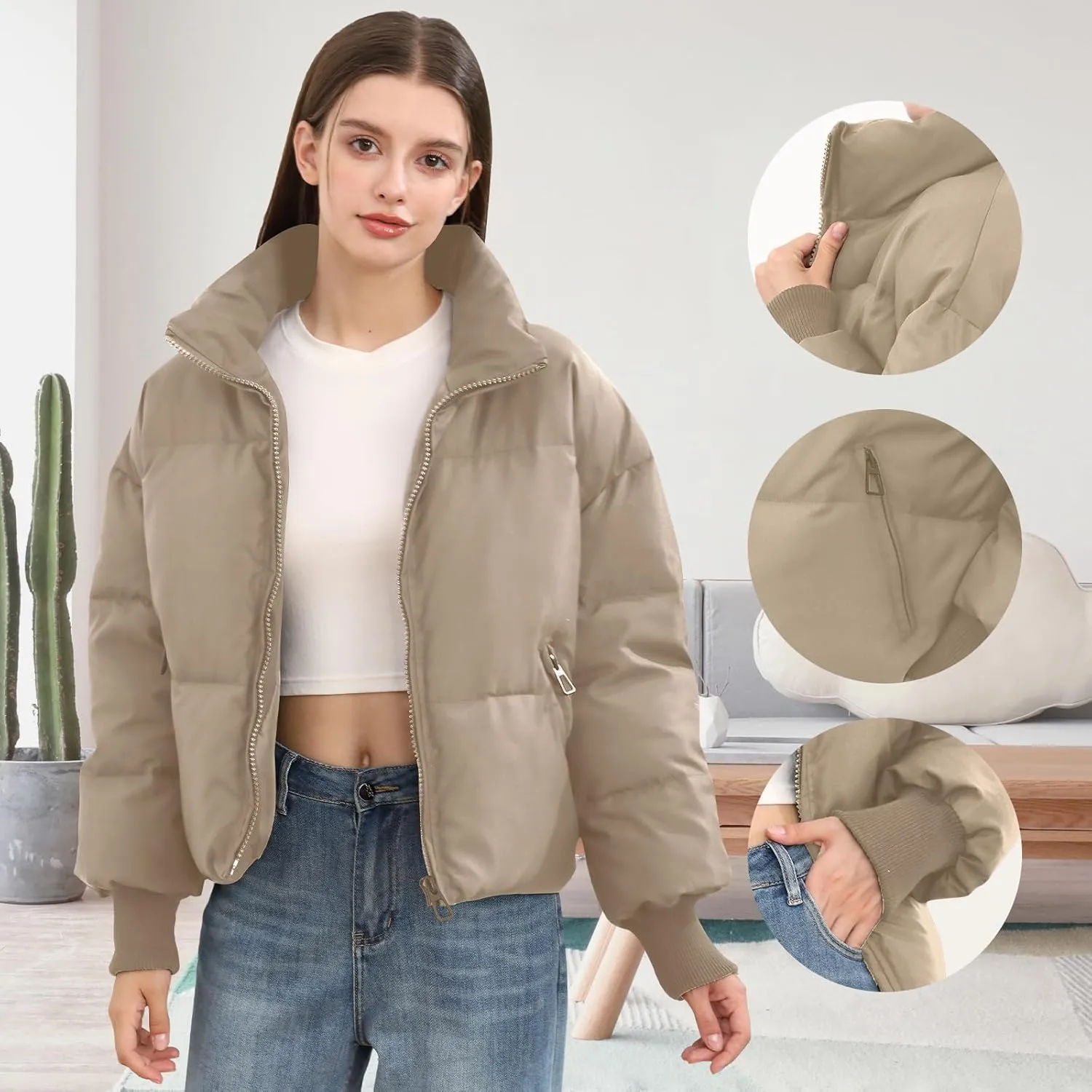 Womens Winter Cropped Puffer Jacket Coat Casual Quilted Baggy Long Sleeve Zip Down Jackets Outerwear