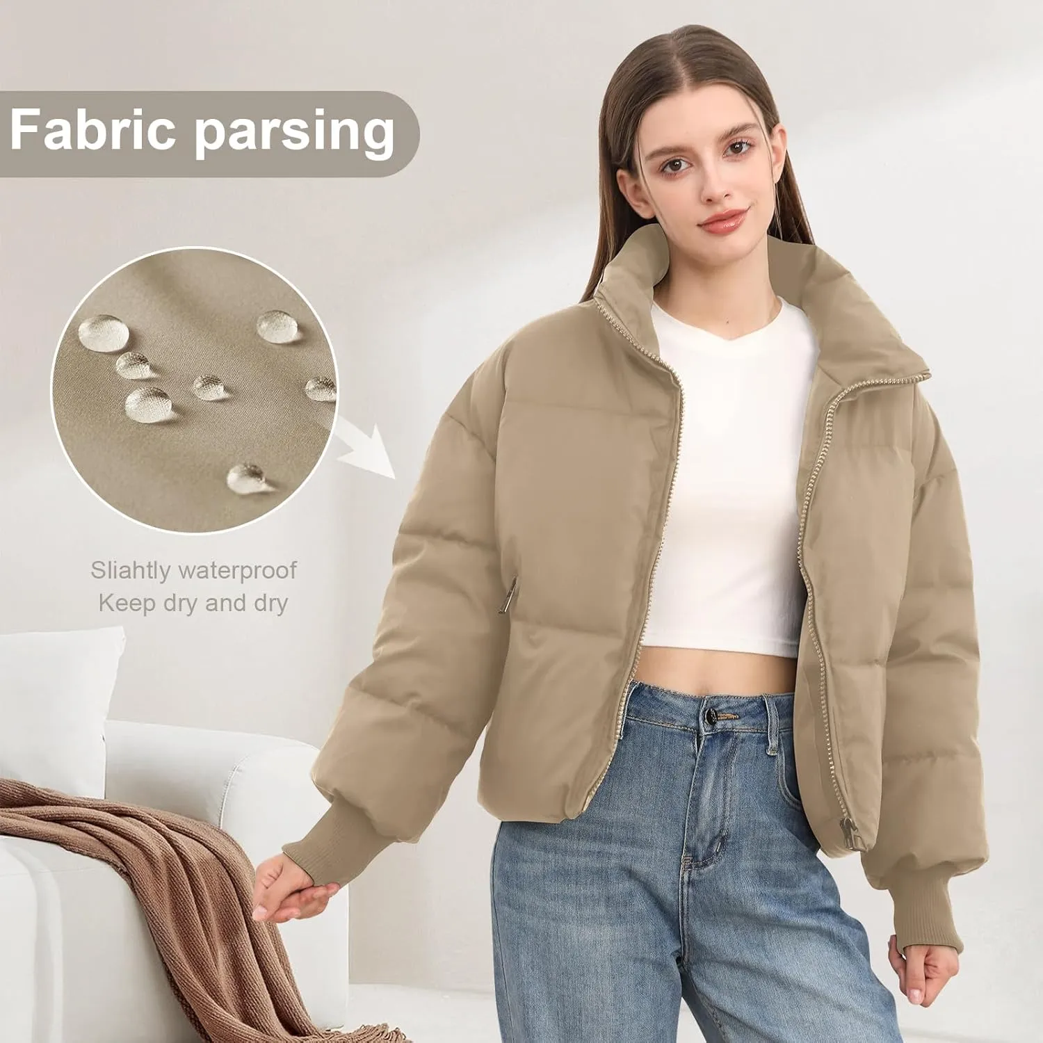 Womens Winter Cropped Puffer Jacket Coat Casual Quilted Baggy Long Sleeve Zip Down Jackets Outerwear