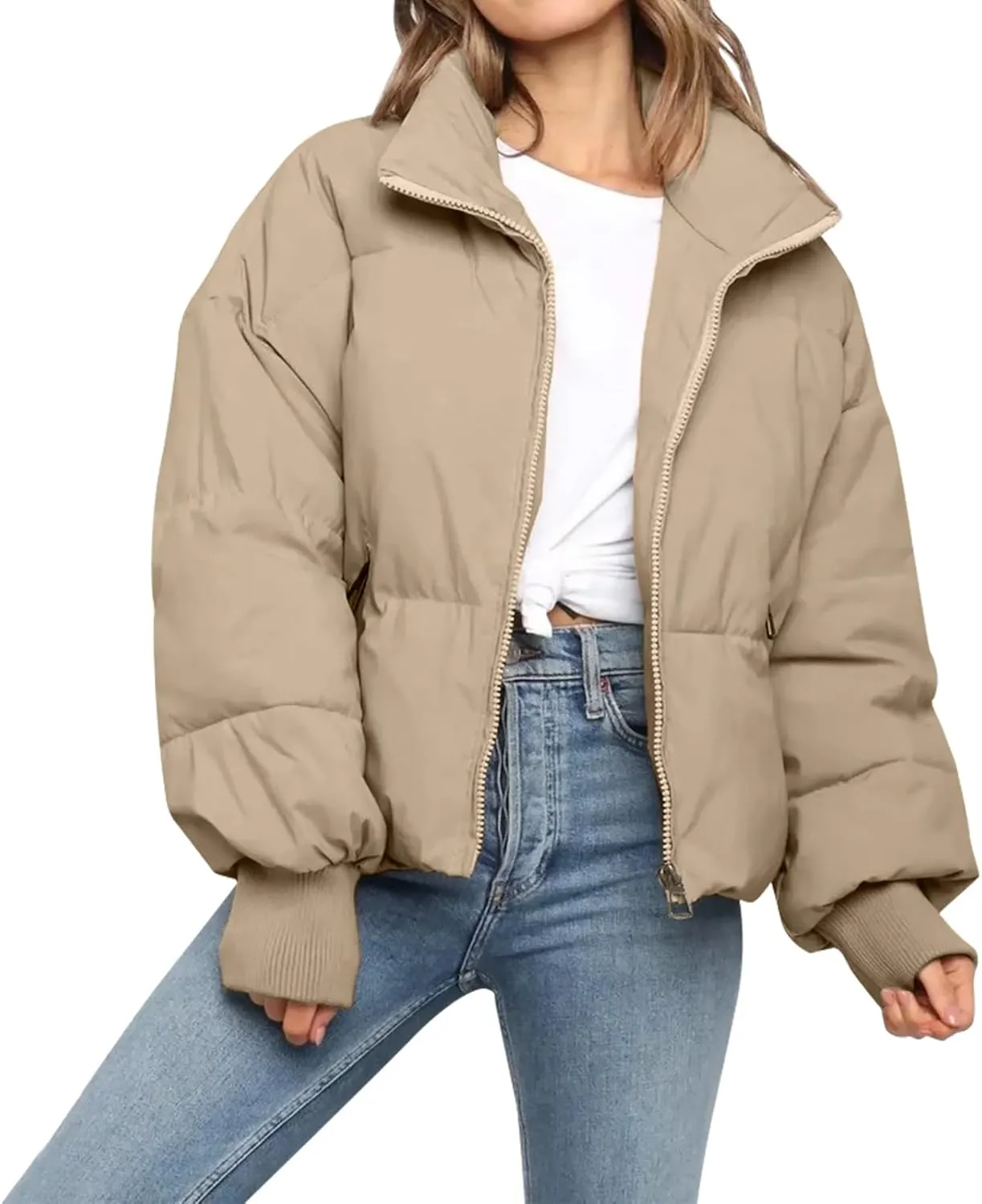 Womens Winter Cropped Puffer Jacket Coat Casual Quilted Baggy Long Sleeve Zip Down Jackets Outerwear