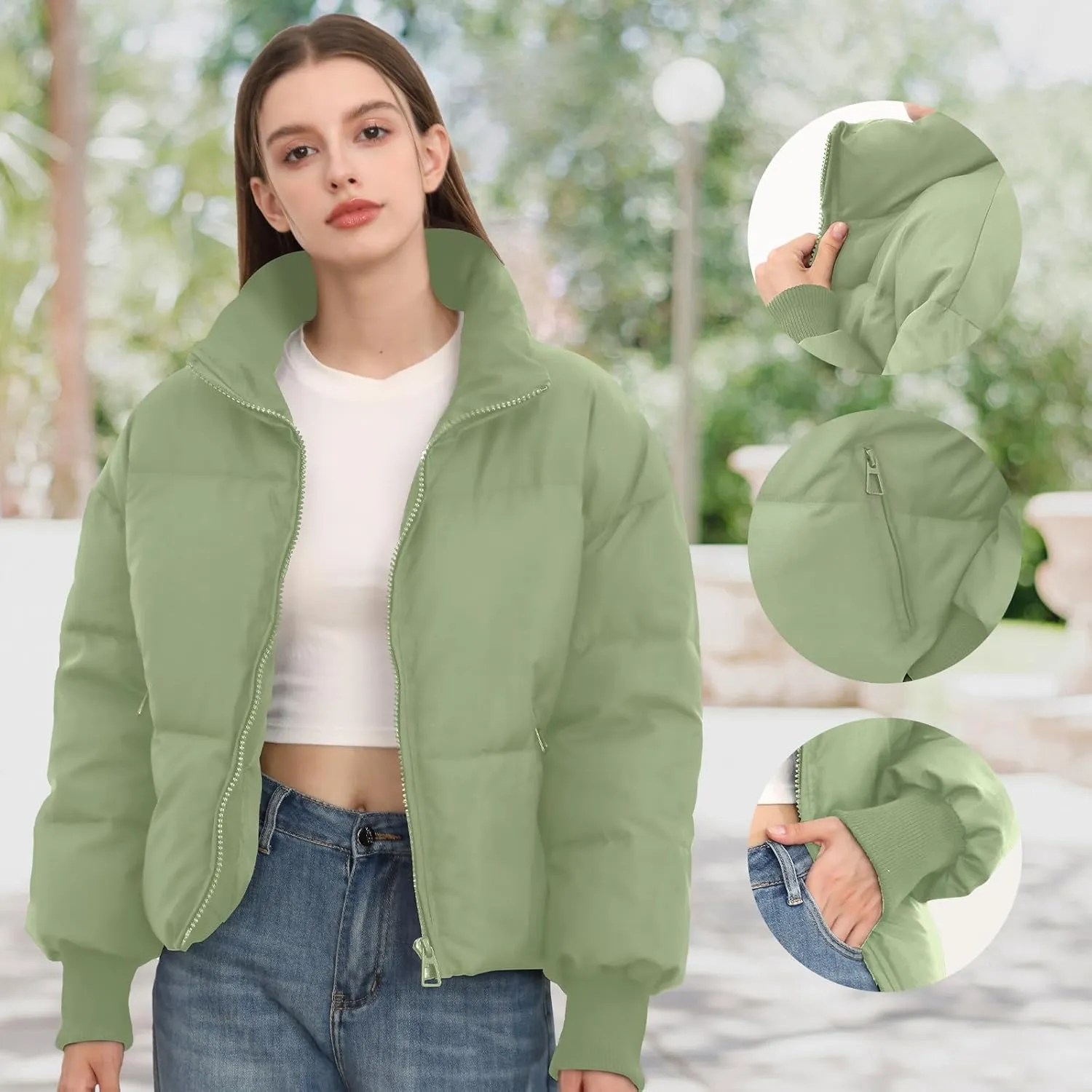 Womens Winter Cropped Puffer Jacket Coat Casual Quilted Baggy Long Sleeve Zip Down Jackets Outerwear