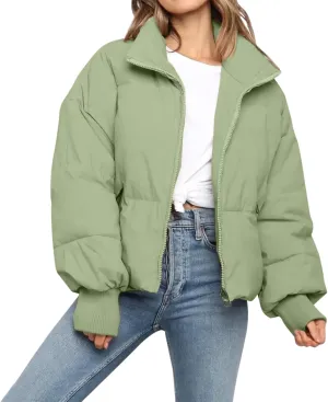 Womens Winter Cropped Puffer Jacket Coat Casual Quilted Baggy Long Sleeve Zip Down Jackets Outerwear