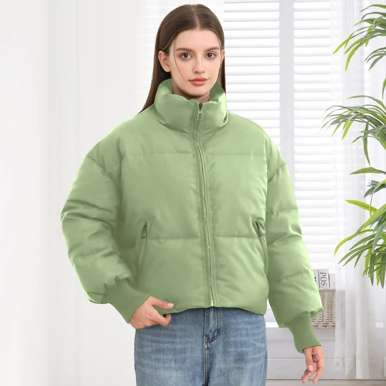 Womens Winter Cropped Puffer Jacket Coat Casual Quilted Baggy Long Sleeve Zip Down Jackets Outerwear
