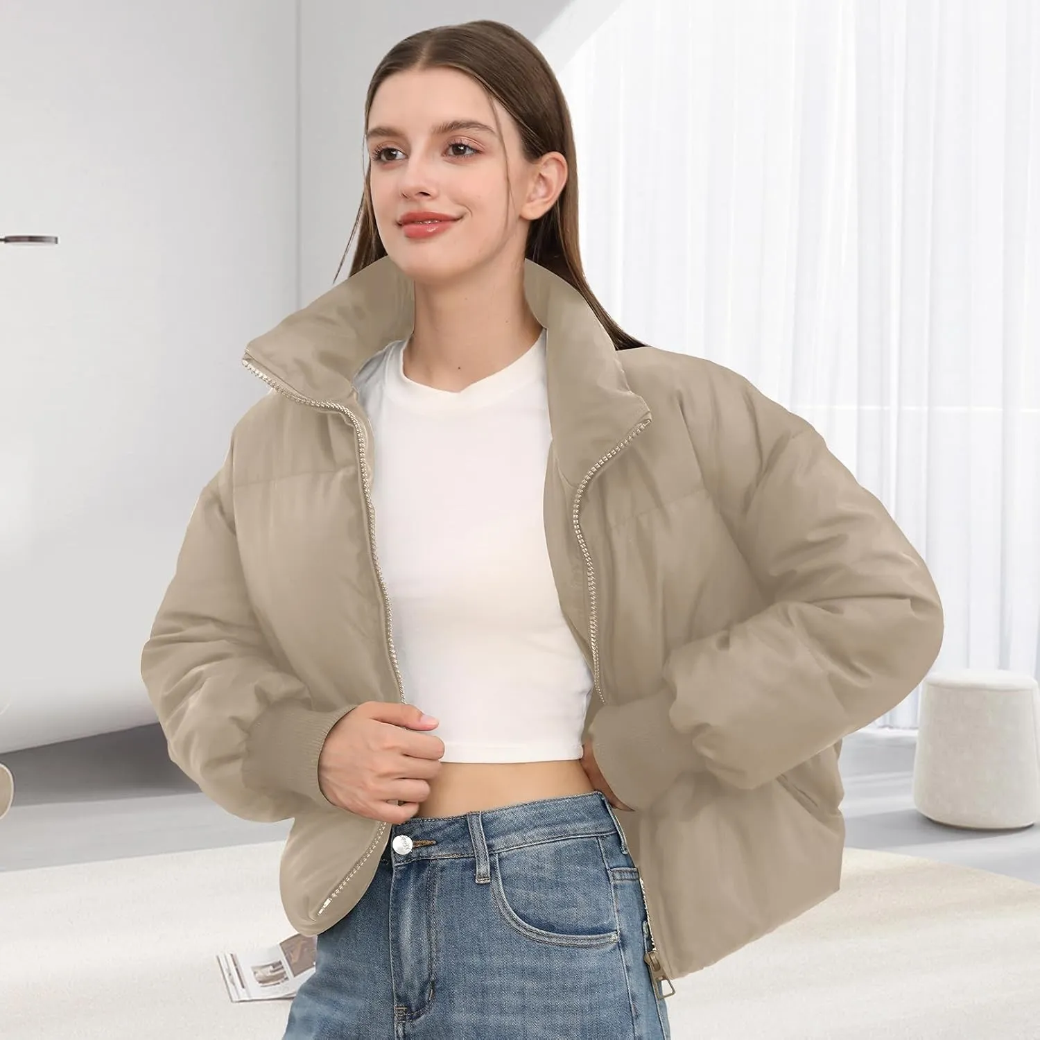 Womens Winter Cropped Puffer Jacket Coat Casual Quilted Baggy Long Sleeve Zip Down Jackets Outerwear